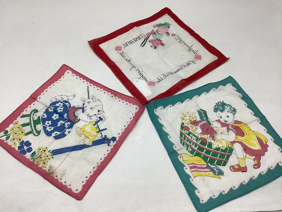 Trio of Circa 1940’s Children’s Hankies With Cats… - image 1