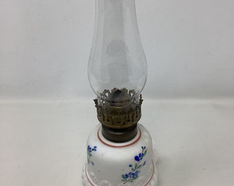 Vintage Cobalt Glass Oil Lamp Embossed Oil Font W Blue Chimney