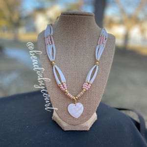 Dentalium Necklace: Gold & Pink Pearly Heart Pendant