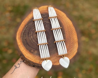 Dentalium Shell Earrings: Long Dangle Heart Jewelry (8.5 Inches)
