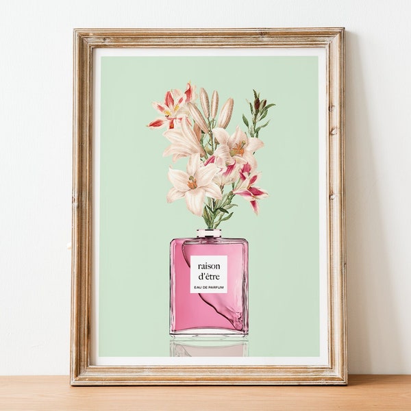 Raison d'être Floral Perfume Print | Vintage Poster | Retro Birthday Gift | Unique Wall Art | Parisian Botanical Illustration