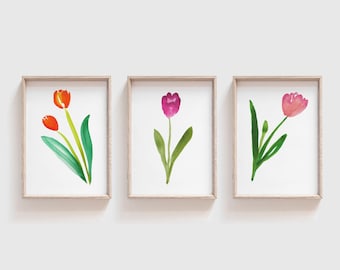 Colección de arte de pared de tulipán imprimible - Conjunto de 3 impresiones de tulipán - Decoración de pared floral imprimible - Decoración del hogar de primavera - Impresiones de arte de tulipán de acuarela
