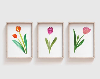 Colección de arte de pared de tulipán imprimible - Conjunto de 3 impresiones de tulipán - Decoración de pared floral imprimible - Decoración del hogar de primavera - Impresiones de arte de tulipán de acuarela