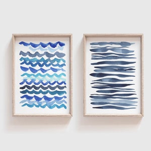 Printable Abstract Wall Art Set of 2 - Blue Watercolor Wave Art Prints - Coastal Home Decor