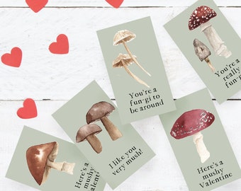 Watercolor Mushroom Valentine's Day Cards for Kids - Woodland Themed DIY Printable Valentines for Classroom Parties - Nature Valentine Cards