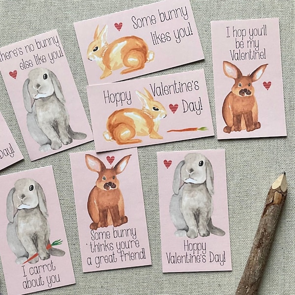 Printable Bunny Valentine Cards for Kids - Rabbit Valentine’s Day Cards - DIY Woodland Animal Valentine Mini Cards Instant Download