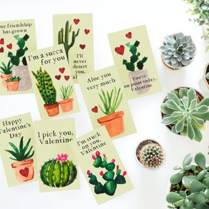 Suculentas para San Valentín para niños: tarjetas de San Valentín para imprimir y hacer en casa para fiestas en el aula: plantas y cactus en acuarela: San Valentín divertido