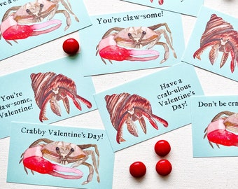 Crabby Valentine's Day Cards for Kids - Printable Crab Valentine Cards for Class Parties - Hermit Crab Valentines - DIY Instant Download