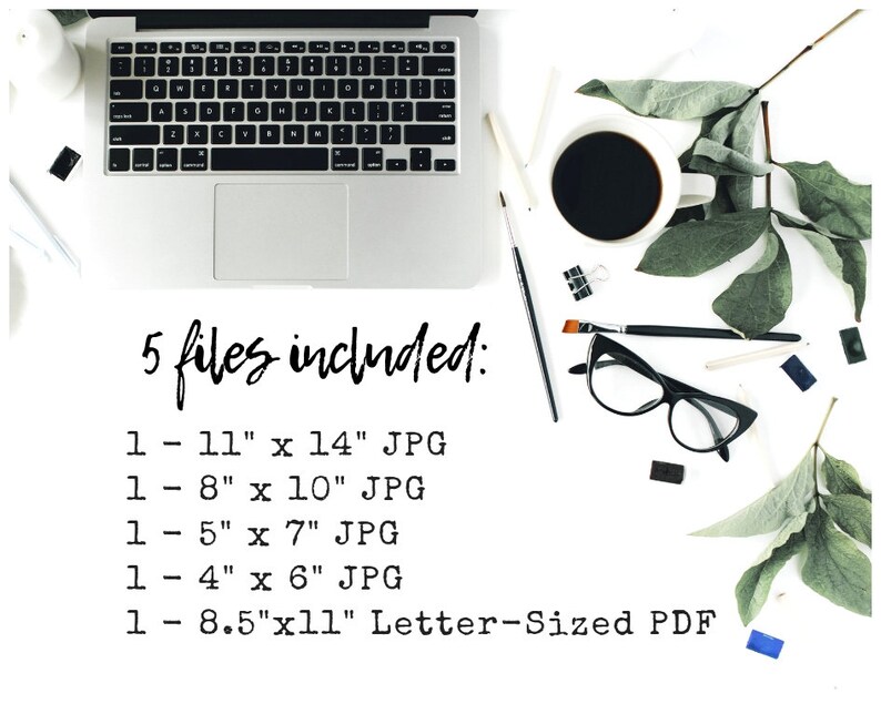 May include: A white background with a laptop, a cup of coffee, a pair of glasses, paintbrushes, and other art supplies. The text "5 files included:" is written in black cursive. Below the text are five lines of text listing the different sizes of digital files included in the product: 1 - 11" x 14" JPG, 1 - 8" x 10" JPG, 1 - 5" x 7" JPG, 1 - 4" x 6" JPG, 1 - 8.5" x 11" Letter-Sized PDF.