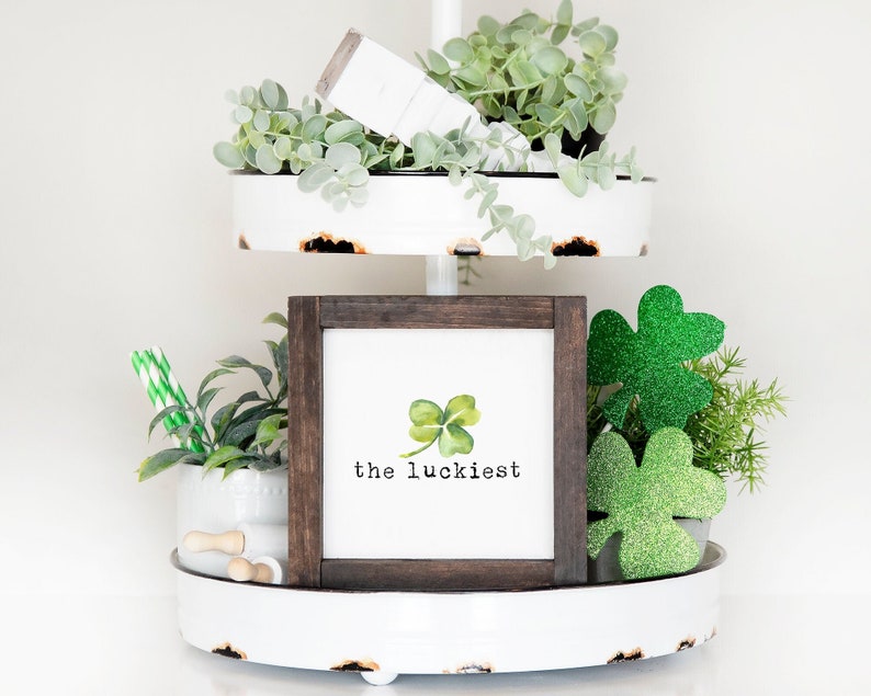 May include: A white tiered tray with green plants and a framed sign that says "the luckiest" with a watercolor shamrock.