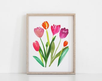 Printable Tulip Wall Art - Tulip Watercolor Print - Spring Home Decor - Botanical Floral Wall Art - Colorful Flower Painting - Flower Garden