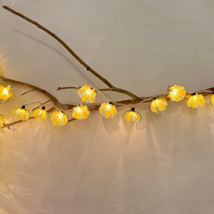 Puede incluir: Una cadena de luces con bombillas de papel en forma de flor amarilla, enhebradas a lo largo de una rama.