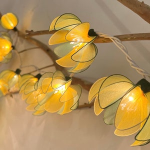Puede incluir: Luces de cadena con bombillas en forma de flor amarilla y verde, enhebradas en una rama.