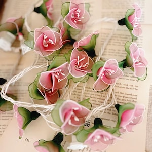 Handmade Pink & Green Flower String Lights patio and Decoration: (35 Warm lights-110 volts)