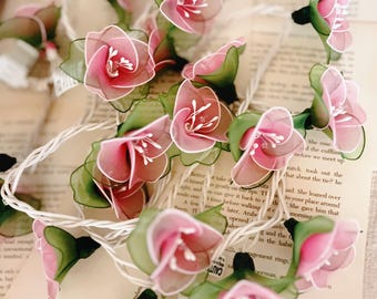 Handmade Pink & Green Flower String Lights patio and Decoration: (35 Warm lights-110 volts)