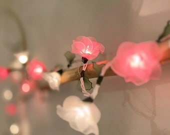 May include: A string of fairy lights with pink and white flower-shaped bulbs. The lights are strung on a wire and are lit up, creating a warm and inviting glow.