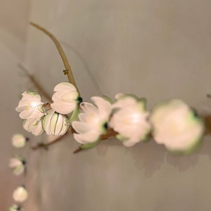 Peut inclure: Une branche avec des fleurs en papier blanc attachées. Les fleurs sont faites de papier fin et ont une qualité délicate, presque translucide. La branche est de couleur brun clair et a un aspect naturel et rustique.