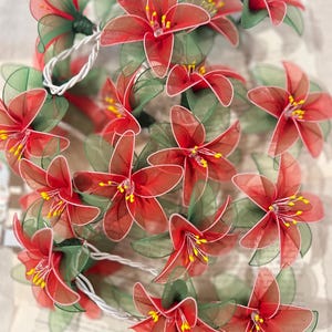 Handmade Red Flower Christmas String Lights, 35 Warm UL Lights