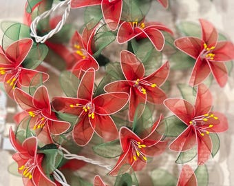 Handmade Red Flower Christmas String Lights, 35 Warm UL Lights