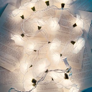 May include: A string of white fairy lights with flower-shaped bulbs. The lights are strung on a white wire and are arranged in a circle on a white surface.