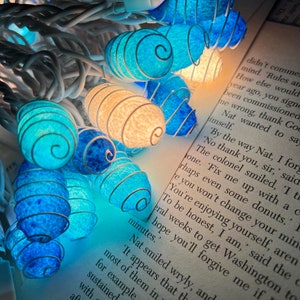 Puede incluir: Una cadena de luces de Navidad en espiral de color azul y blanco drapeada sobre un libro. El libro está abierto y el texto de la página es visible. Las luces brillan y proyectan una luz cálida sobre el libro.