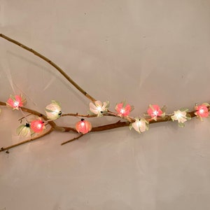 May include: A string of fairy lights with pink and white paper flower shades, strung on a branch.