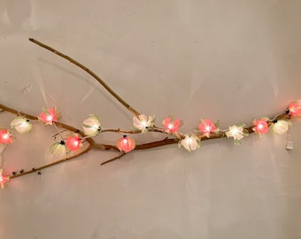 May include: A string of fairy lights with pink and white paper flower shades, strung on a branch.