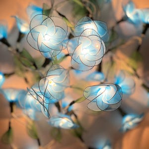Handmade Blue Flower String Lights: Patio Wedding Party Decor (20 Bulb Warm Lights)