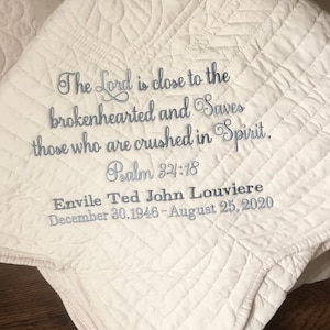 Memory Gift, Sympathy Quilt, Sympathy Gift, Memory Quilt, Personalized Blanket, Embroidered, Personalized Throw, Bible Verse, Psalm 34:18