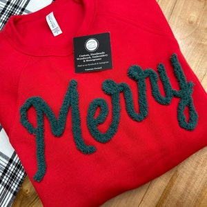 Merry Christmas shirt, Christmas Spirit, Chenille yarn, Jolly Custom Sweatshirt, Personalized Sweatshirt, Mom, Embroidery, Soft Sweatshirt