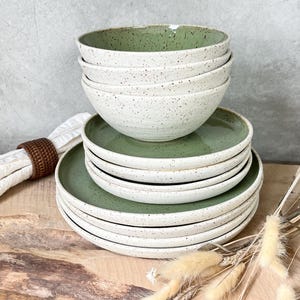 Ready to ship handmade 12 piece matte linen and jade dinnerware collection