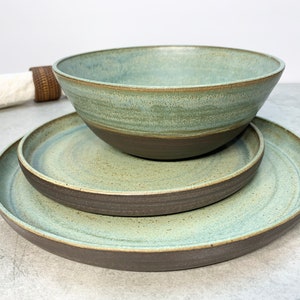Made to order three piece black stoneware table setting in matte aqua