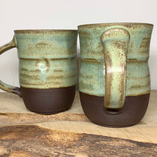 Pair of handmade 14 ounce rustic aqua stoneware mugs with ‘thumb dimples’