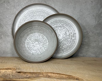 Made to order three piece stoneware ‘basket weave’ texture table setting in satin white