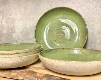 Made to order Single handmade shallow serving bowl in speckled satin & jade
