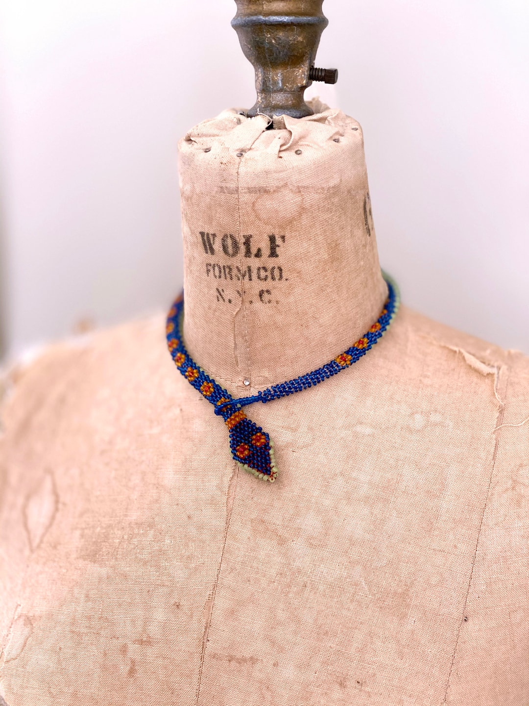 Rare Antique WWI Prisoner of War Beaded Snake Necklace Vibrant