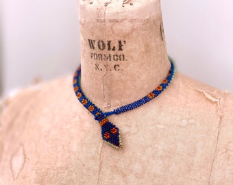 Rare Antique WWI Prisoner of War Beaded Snake necklace Vibrant Blue