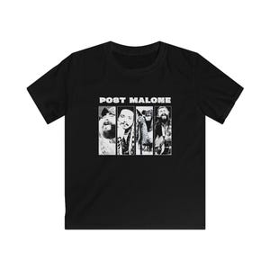 May include: Black t-shirt with a white graphic of Post Malone in a black and white photo. The graphic is in a rectangular frame with the text "Post Malone" above it.