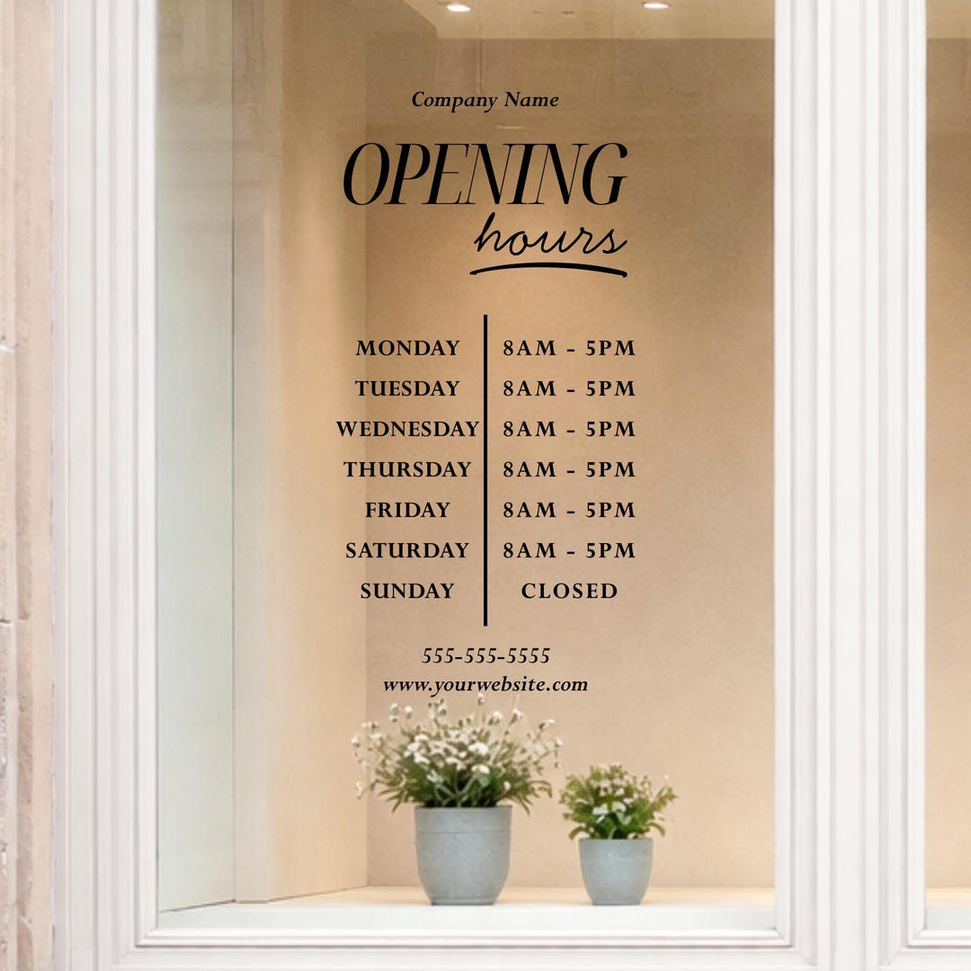 Business Hours Decal Vinyl Application Window Sticker Glass Door Sign ...