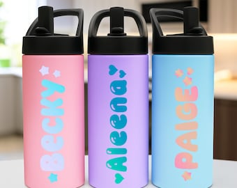 Personalized Bottle Decal Custom Name Sticker Waterproof Vinyl Label School Water Identification Bubble Letter Design Stanley Kids Tumbler