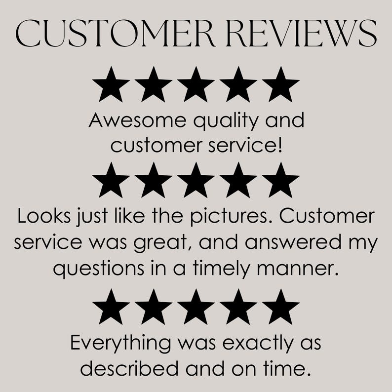 Może przedstawiać: Grafika z nagł&oacute;wkiem CUSTOMER REVIEWS zawierająca trzy rzędy po pięć czarnych gwiazdek. Tekst brzmi: Awesome quality and customer service! Looks just like the pictures. Customer service was great, and answered my questions in a timely manner. Everything was exactly as described and on time.