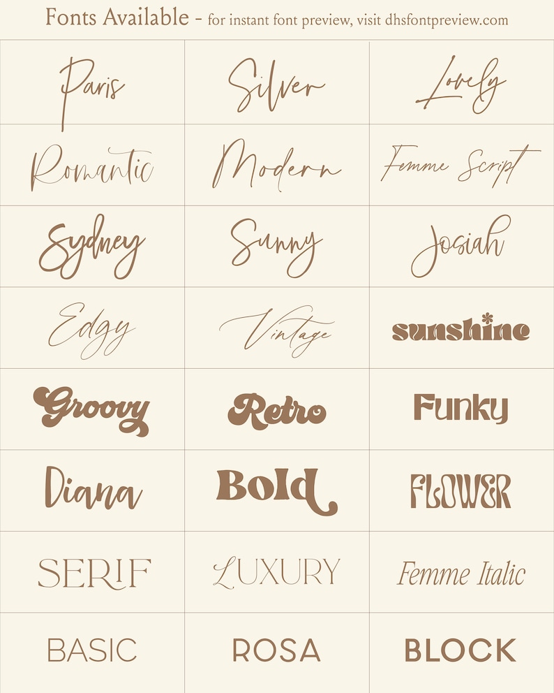 May include: A chart of different font styles, including Paris, Silver, Lovely, Romantic, Modern, Femme Script, Sydney, Sunny, Josiah, Edgy, Vintage, Sunshine, Groovy, Retro, Funky, Diana, Bold, Flower, Serif, Luxury, Femme Italic, Basic, Rosa, and Block.