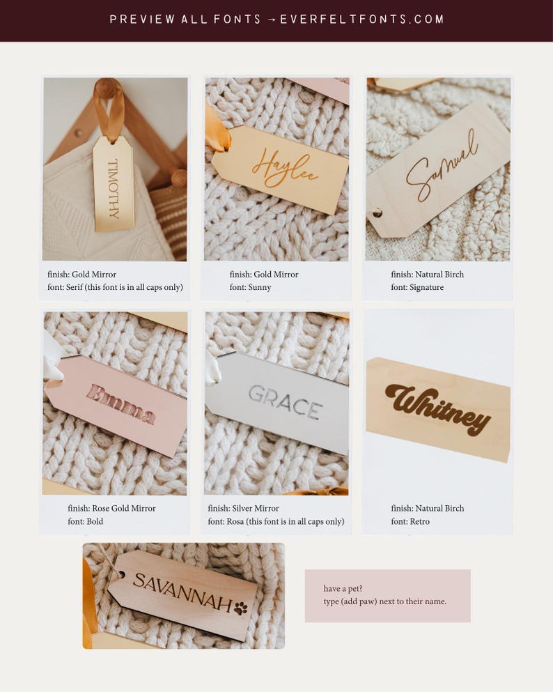 Op de afbeelding: Een collectie rechthoekige cadeaulabels in goud, zilver en ros&eacute;goud spiegelafwerkingen, en natuurlijk berkenhout. Elk label is voorzien van aangepaste gegraveerde namen zoals Timothy, Haylee, Samuel, Emma, Grace, Whitney en Savannah.