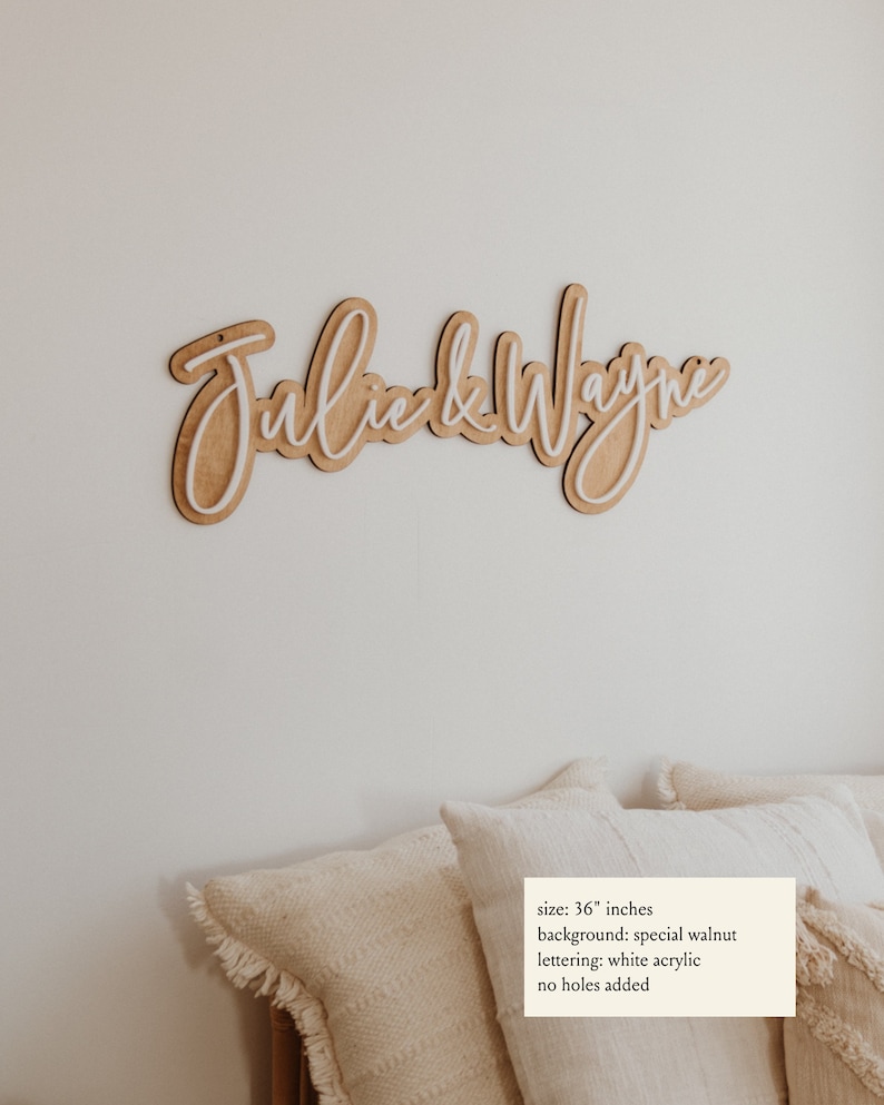 Personalized Wood Sign in special walnut and acrylic featuring the couple's names.