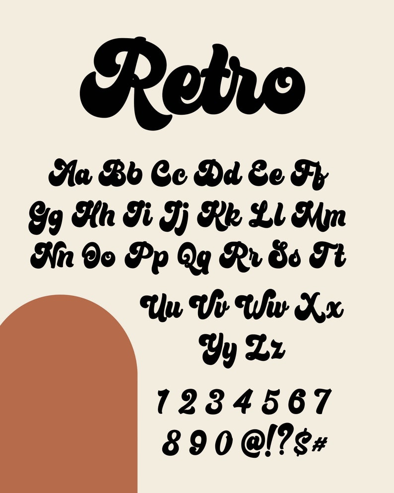 May include: Retro font alphabet with uppercase and lowercase letters, numbers, and symbols in a black, bold, cursive style on a beige background.