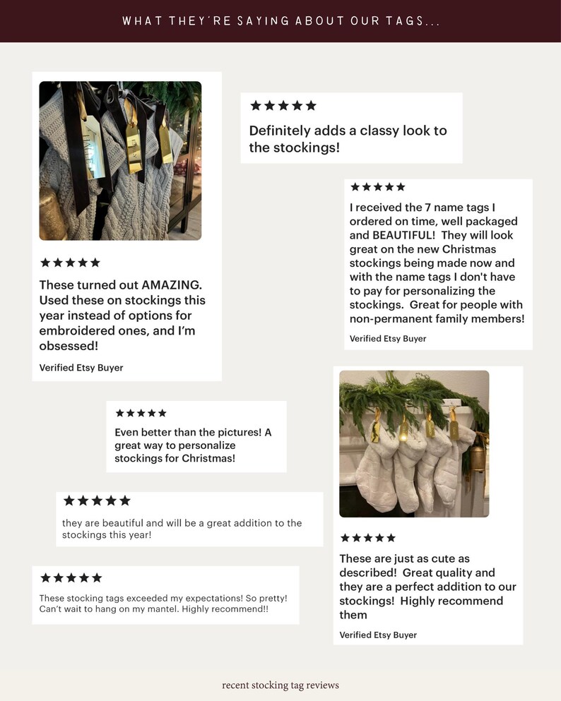 Op de afbeelding: Een verzameling klantbeoordelingen voor gepersonaliseerde kerstsoklabels, met afbeeldingen van witte kabelgebreide sokken versierd met gouden en zilveren rechthoekige labels die aan een schoorsteenmantel met groene dennenkrans hangen.