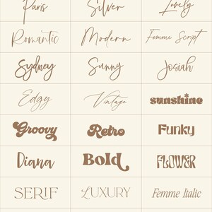 May include: A chart of different font styles, including Paris, Silver, Lovely, Romantic, Modern, Femme Script, Sydney, Sunny, Josiah, Edgy, Vintage, Sunshine, Groovy, Retro, Funky, Diana, Bold, Flower, Serif, Luxury, Femme Italic, Basic, Rosa, and Block.