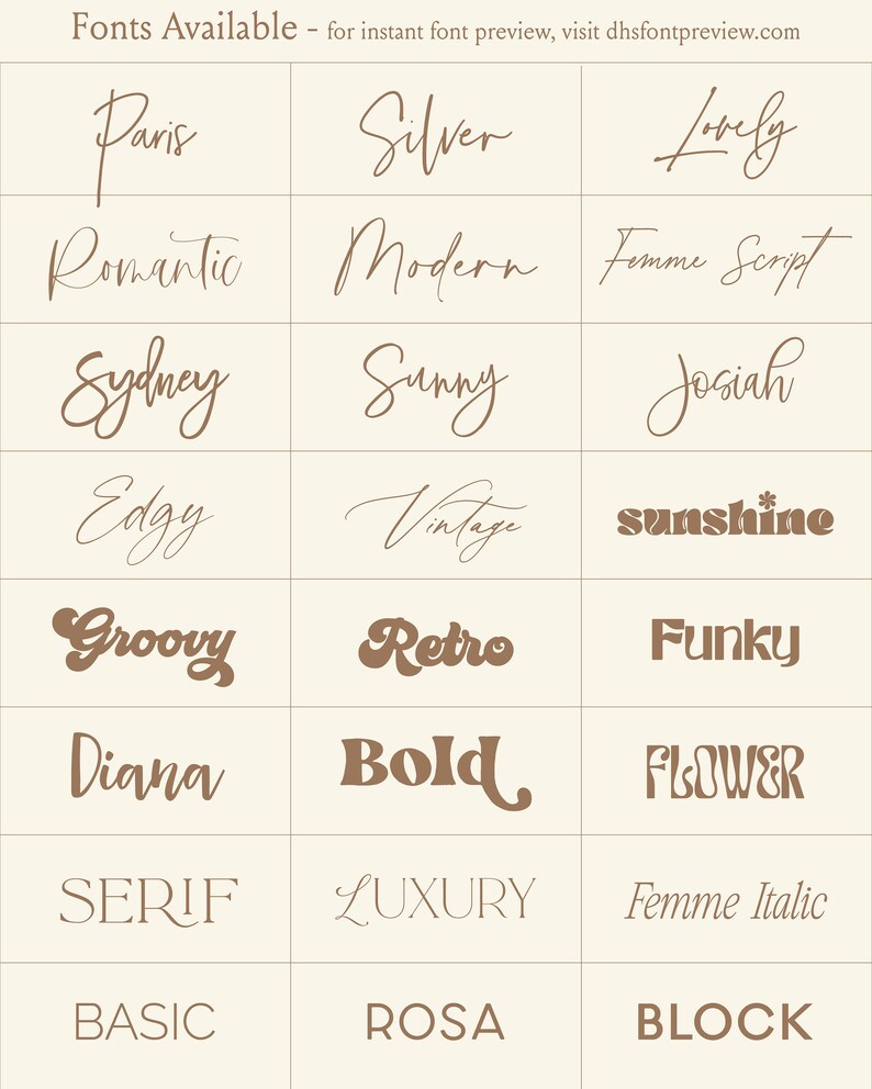 May include: A chart of different font styles, including Paris, Silver, Lovely, Romantic, Modern, Femme Script, Sydney, Sunny, Josiah, Edgy, Vintage, Sunshine, Groovy, Retro, Funky, Diana, Bold, Flower, Serif, Luxury, Femme Italic, Basic, Rosa, and Block.