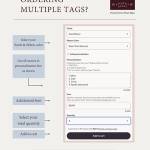 Op de afbeelding: Een instructieve afbeelding voor het bestellen van gepersonaliseerde labels bij Everfelt Goods. Het bevat een stapsgewijze handleiding met blauwe vakken en pijlen die wijzen naar een digitaal bestelformulier met velden voor afwerking, lintkleur, lettertype en aantal.