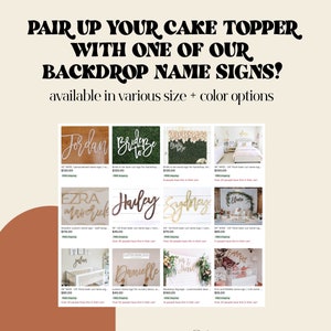 May include: A collection of personalized wooden name signs for weddings, birthdays, and other special events. The signs are available in various sizes and colors, and can be used as backdrops or cake toppers. The signs feature names like Jordan, Ezra, Hailey, Sydney, and Eluna.